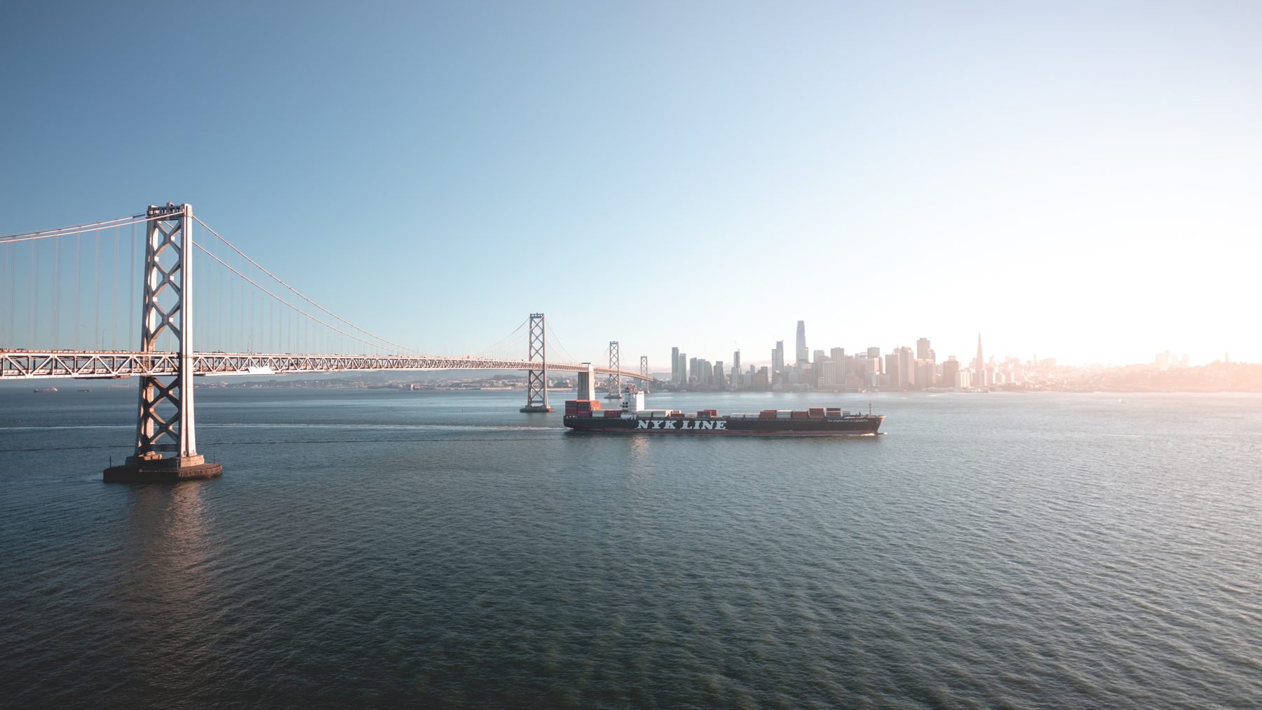 A cargo vessel passing under a bridge in daylight